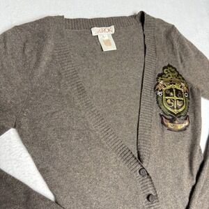 LAROK Women's Brown Long Sleeve Cardigan Sweater Crest Patch Pockets Size S